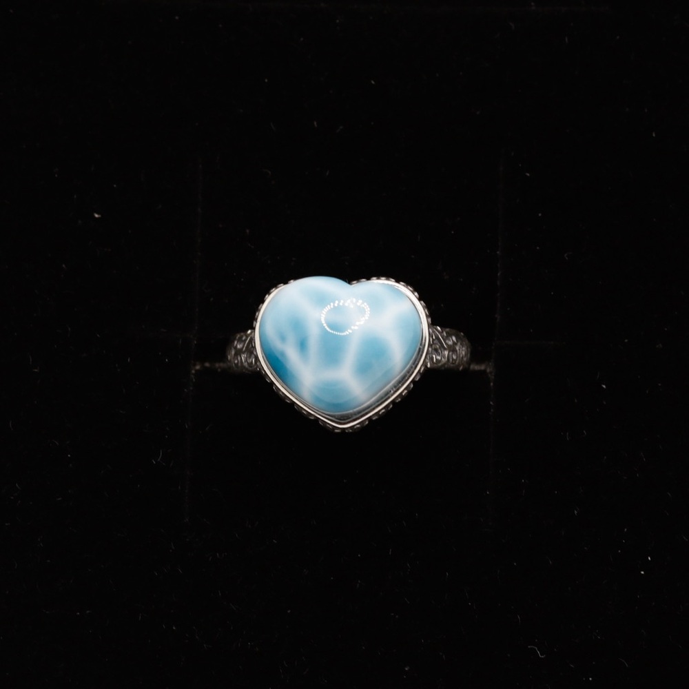 Natural larimar heart ring in sterling silver turtle shell